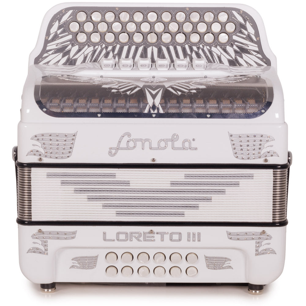 Sonola Loreto III Accordion 6 Switch FBE/EAD Glossy White with Silver Designs-accordion-Sonola-Hermes Music