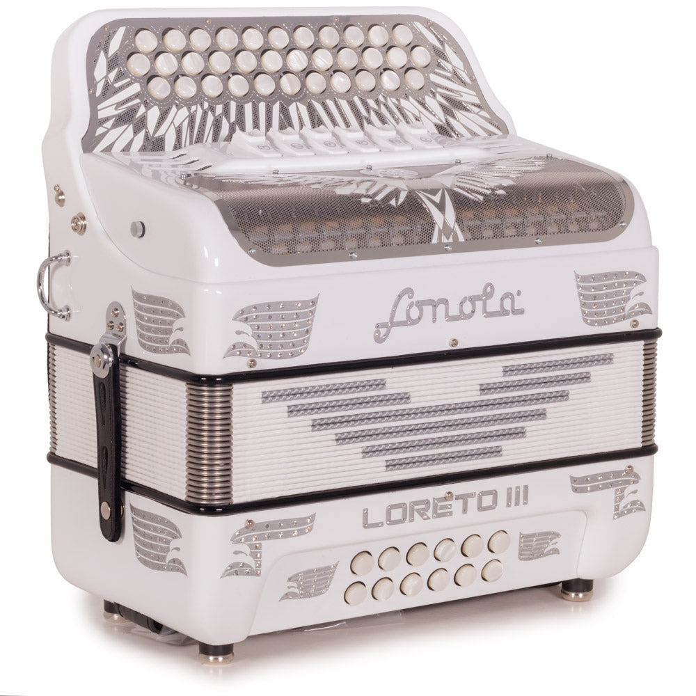 Sonola Loreto III Accordion 6 Switch FBE/EAD Glossy White with Silver Designs-accordion-Sonola-Hermes Music
