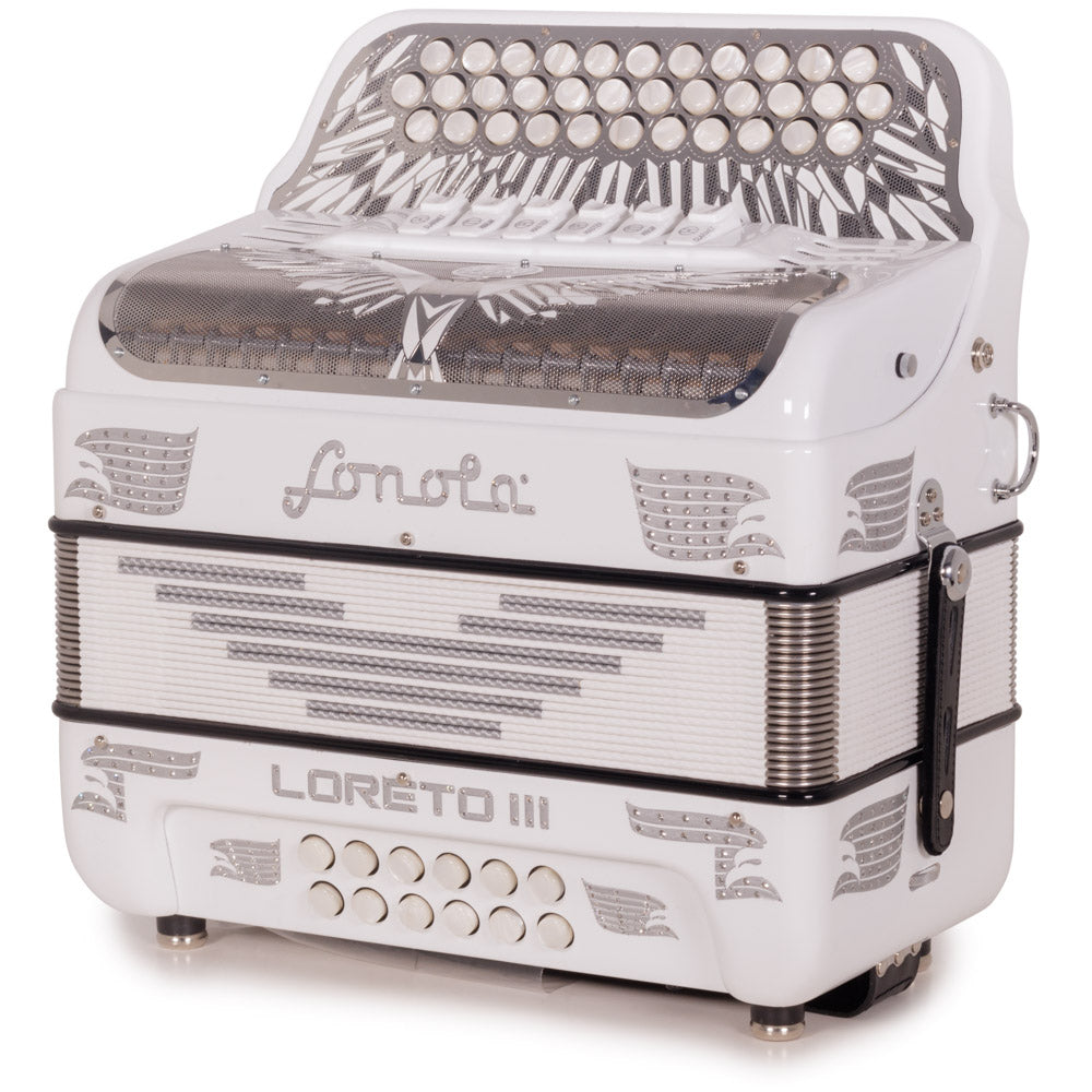 Sonola Loreto III Accordion 6 Switch FBE/EAD Glossy White with Silver Designs-accordion-Sonola-Hermes Music