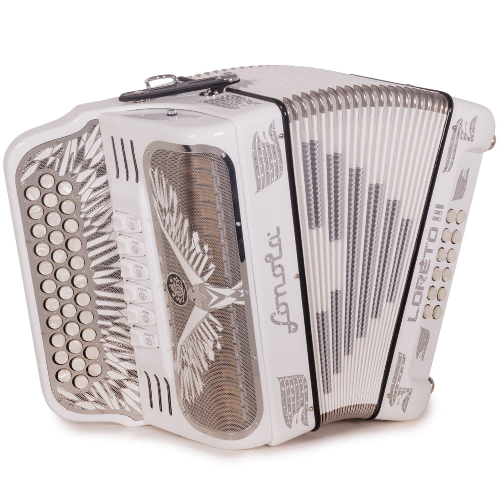 Sonola Loreto III Accordion 6 Switch FBE/EAD Glossy White with Silver Designs-accordion-Sonola-Hermes Music