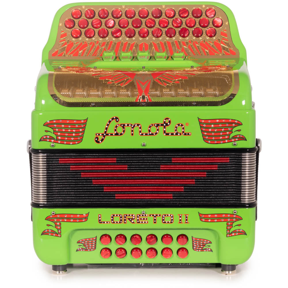 Sonola Loreto II Ultra Compact Accordion 5 Switch FBE Lime Green with Red Designs-Accordions & Concertinas-Sonola-Hermes Music