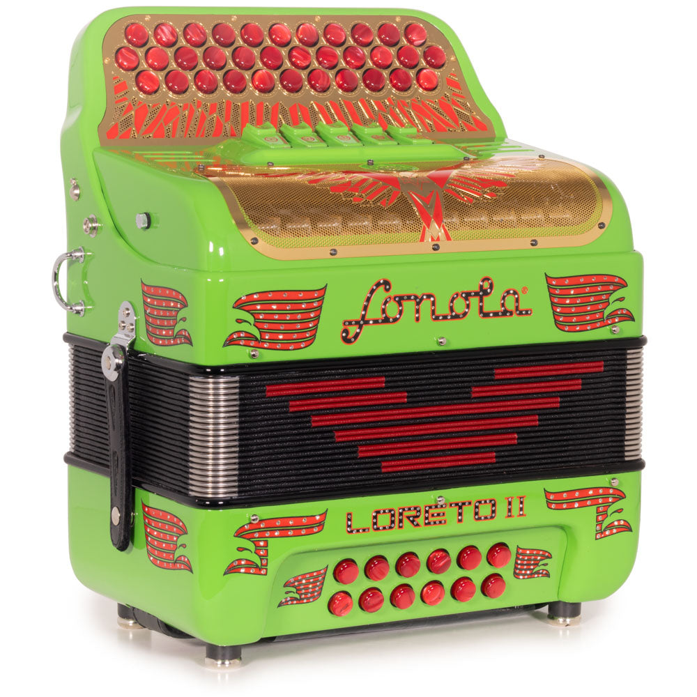 Sonola Loreto II Ultra Compact Accordion 5 Switch FBE Lime Green with Red Designs-Accordions & Concertinas-Sonola-Hermes Music