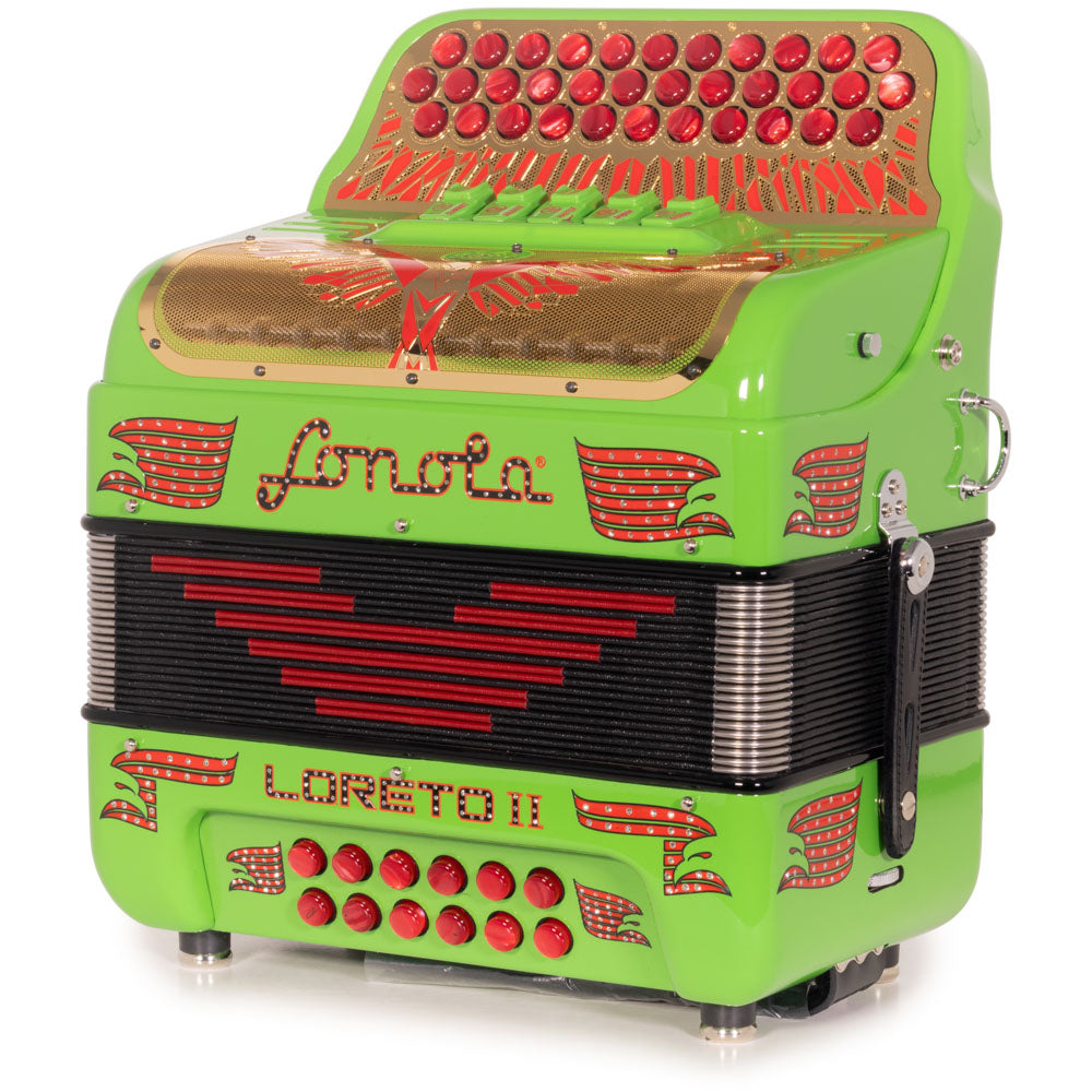 Sonola Loreto II Ultra Compact Accordion 5 Switch FBE Lime Green with Red Designs-Accordions & Concertinas-Sonola-Hermes Music