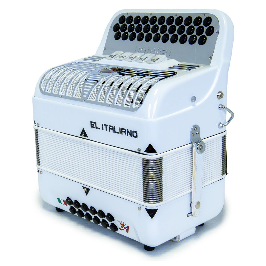 Anacleto El Italiano III Accordion Ultra Compact Accordion 5 Switches FBE White with Chrome Design-accordion-Anacleto- Hermes Music