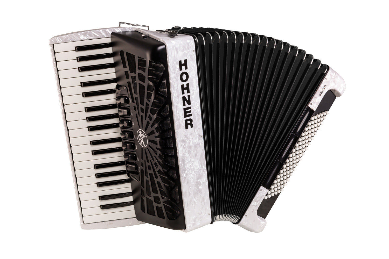 Hohner Bravo III 96 Bajos Acordeon de Piano Blanco Perla
