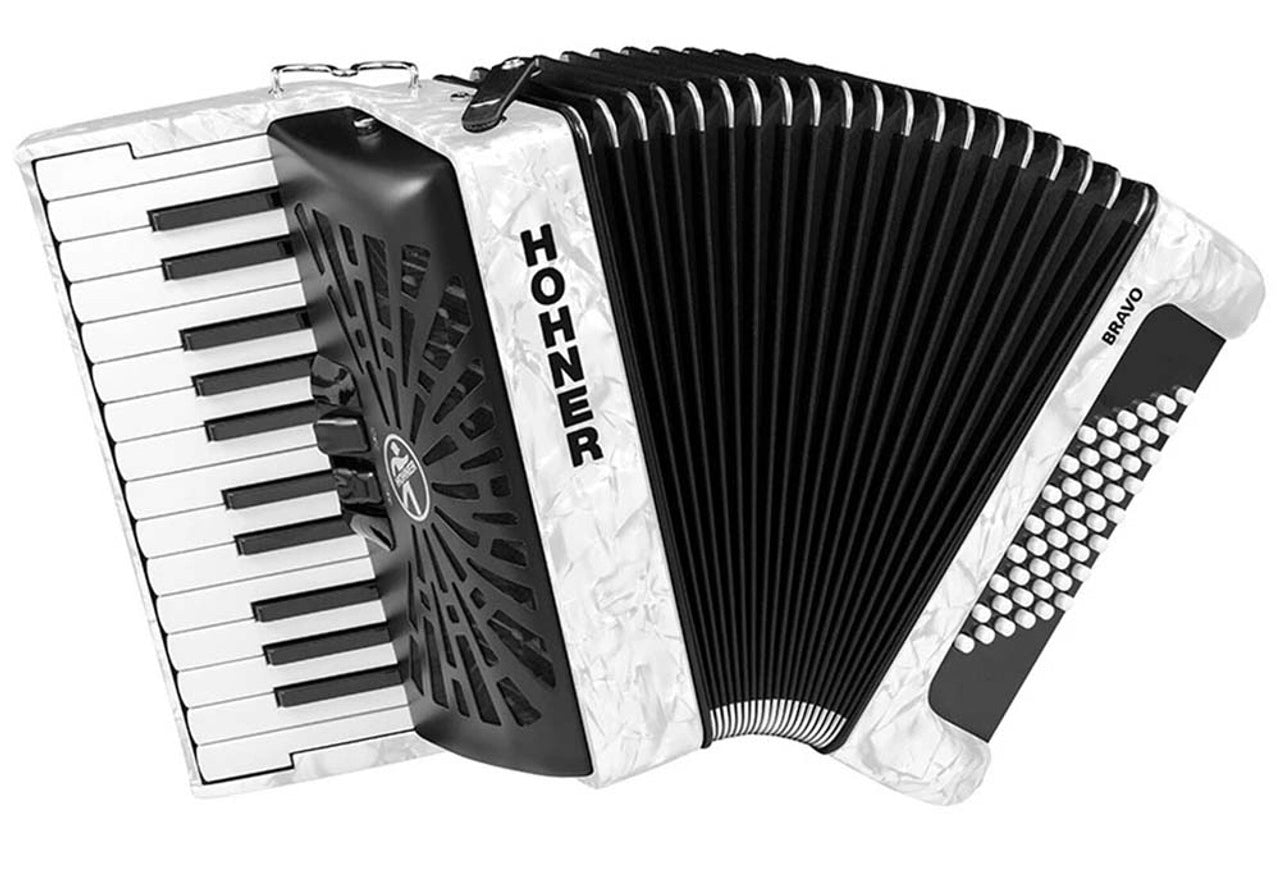 Hohner Bravo II Acordeón 48 Bajos De Piano Blanco