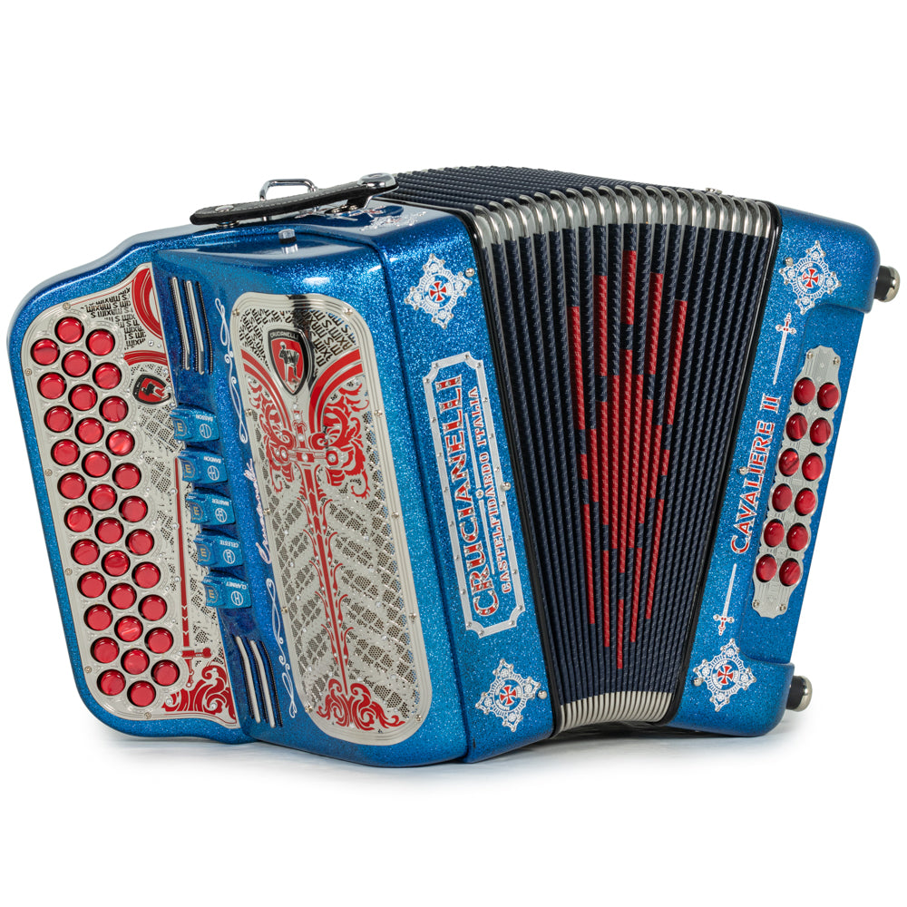 Acordeón Crucianelli Cavaliere II Ultra Compacto 5 Registros Sol Brillo Azul con Rojo