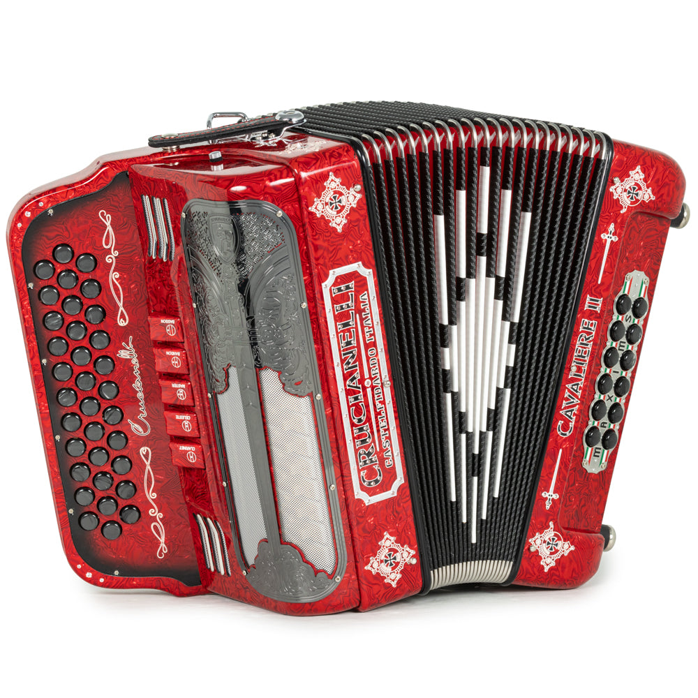 Crucianelli Cavaliere II 5 Switch EAD Accordion in Celluloid Red Waves with Silver