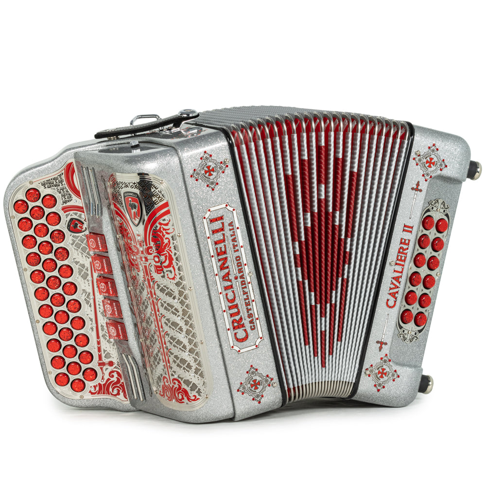 Crucianelli Cavaliere II Acordeón Ultra Compacto 5 Registros Mi Brillo Plateado Rojo