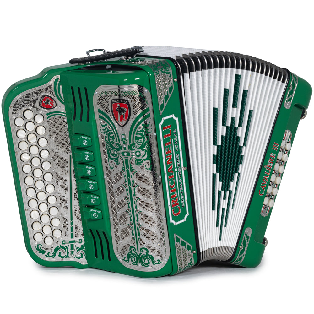 Acordeón Crucianelli Cavaliere III 6 Registros Fa-Mi Verde con Plata