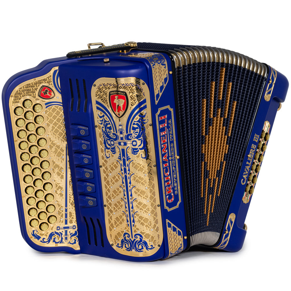 Acordeón Crucianelli Cavaliere III 6 registros Mi-Sol en Azul Mate con Dorado