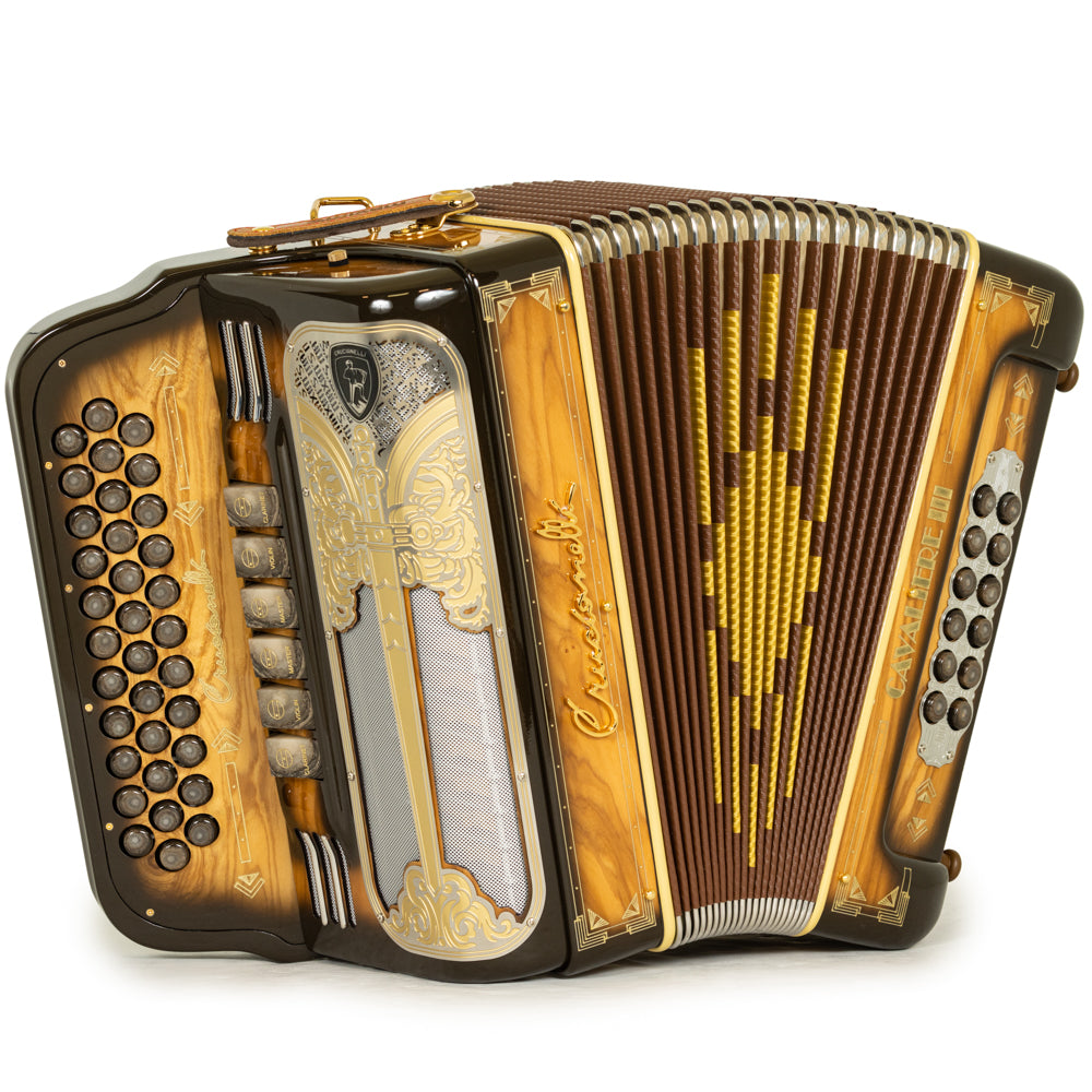 Crucianelli Cavaliere III Acordeón 6 Registros Fa-Sol Madera Osura Pulida y Oro
