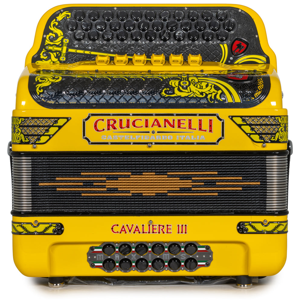 Acordeón Crucianelli Cavaliere III 6 Registros Fa-Mi en Amarillo con Rojo