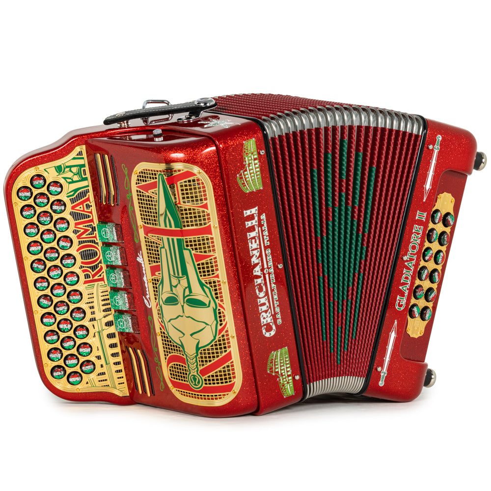 Acordeón Crucianelli Gladiator II 5 Registros Fa Rojo con Dorado y Verde