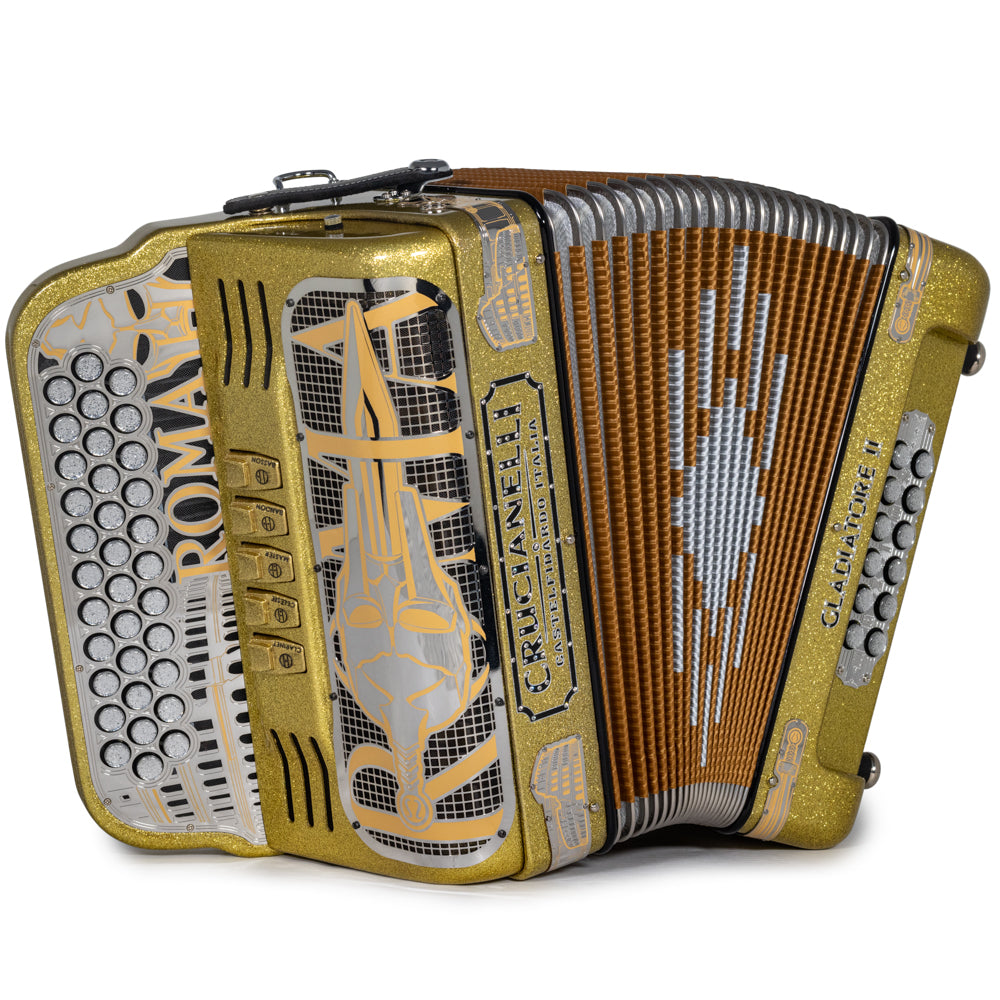 Acordeón Crucianelli Gladiator II 5 Registros Mi en Brillo Dorado con Negro
