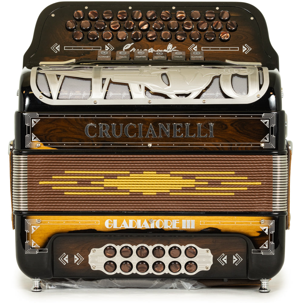 Crucianelli Gladiator III Acordeón 6 Registros Fa-Mi Madera Oscura Pulida y Plata