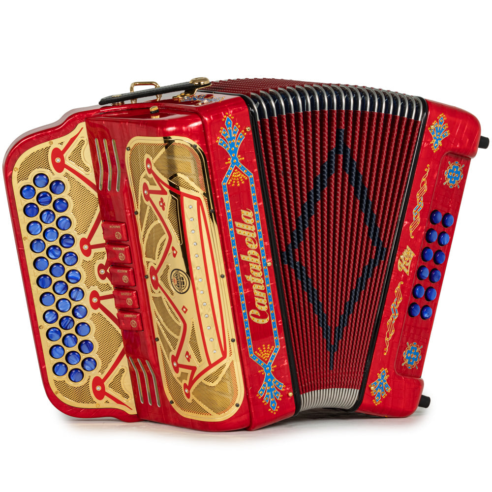 Cantabella Rey II Acordeón 5 Registros Mi Rojo Metallico con Accesorios Dorado y Azul