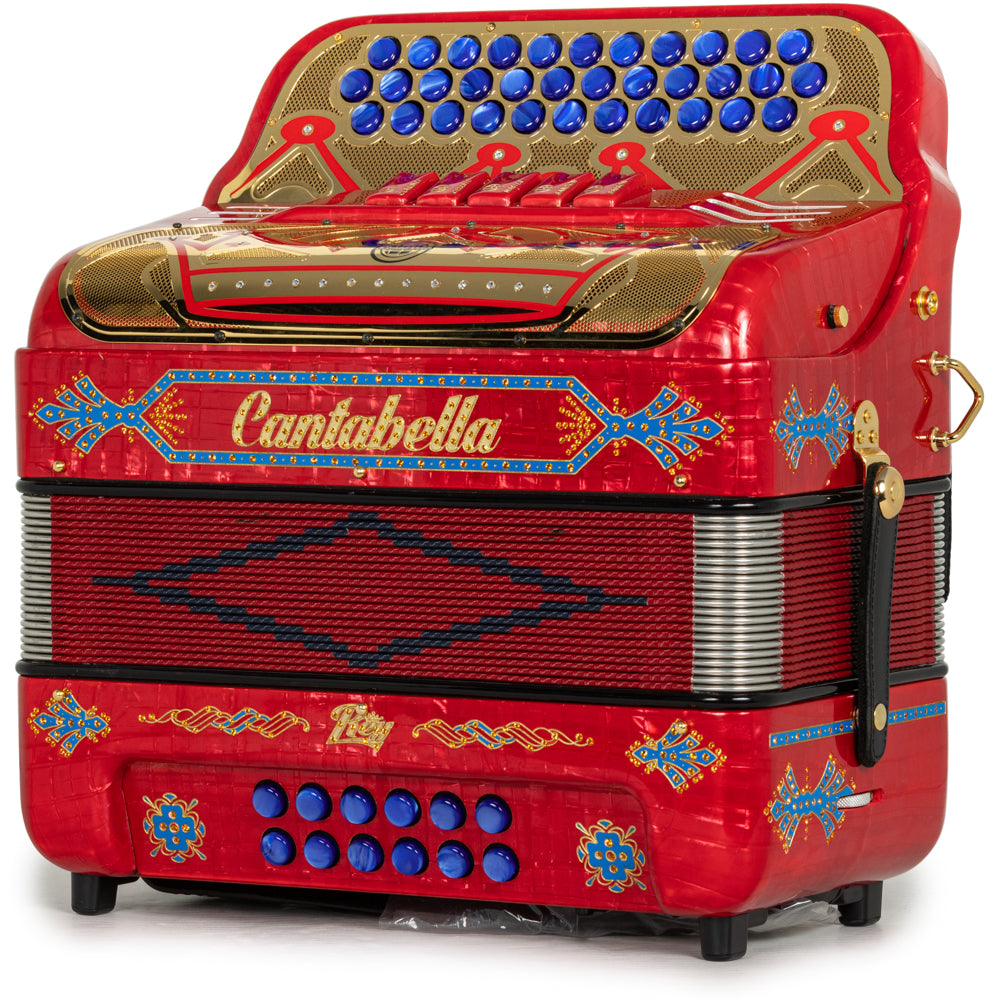 Cantabella Rey II Acordeón 5 Registros Mi Rojo Metallico con Accesorios Dorado y Azul