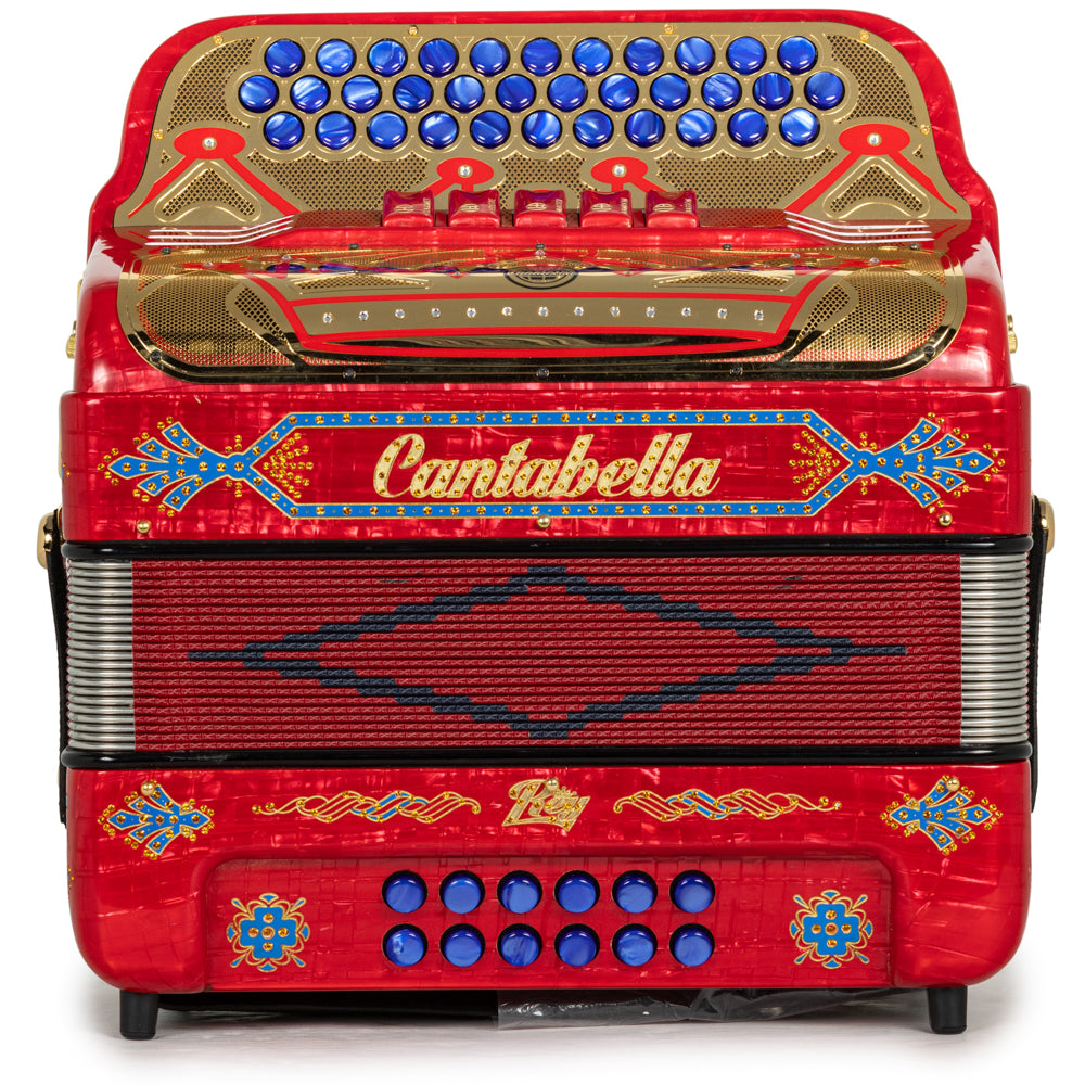 Cantabella Rey II Acordeón 5 Registros Mi Rojo Metallico con Accesorios Dorado y Azul