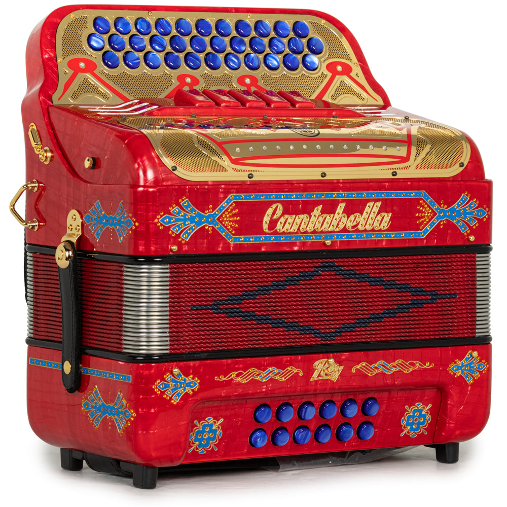 Cantabella Rey II Acordeón 5 Registros Mi Rojo Metallico con Accesorios Dorado y Azul