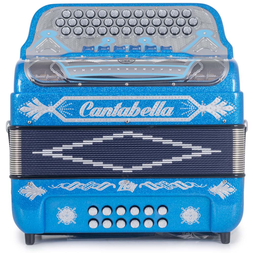 Cantabella Rey II Accordion 6 Switches FBE/EAD Blue Glitter with Silver Designs-accordion-Cantabella- Hermes Music