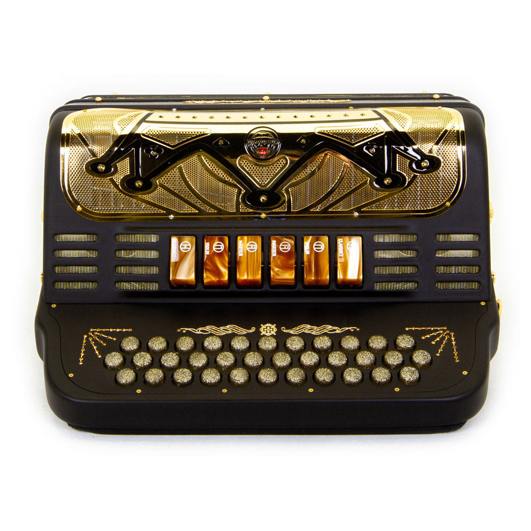 Cantabella Rey II FBE/EAD 6 Registros Negro con Diseños Dorados-accordion-Cantabella- Hermes Music