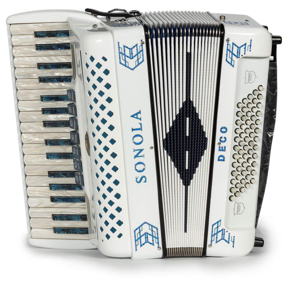 Sonola Deco Piano Accordion 7 Switch White with Blue Hermes Music Accordion Pro Shop