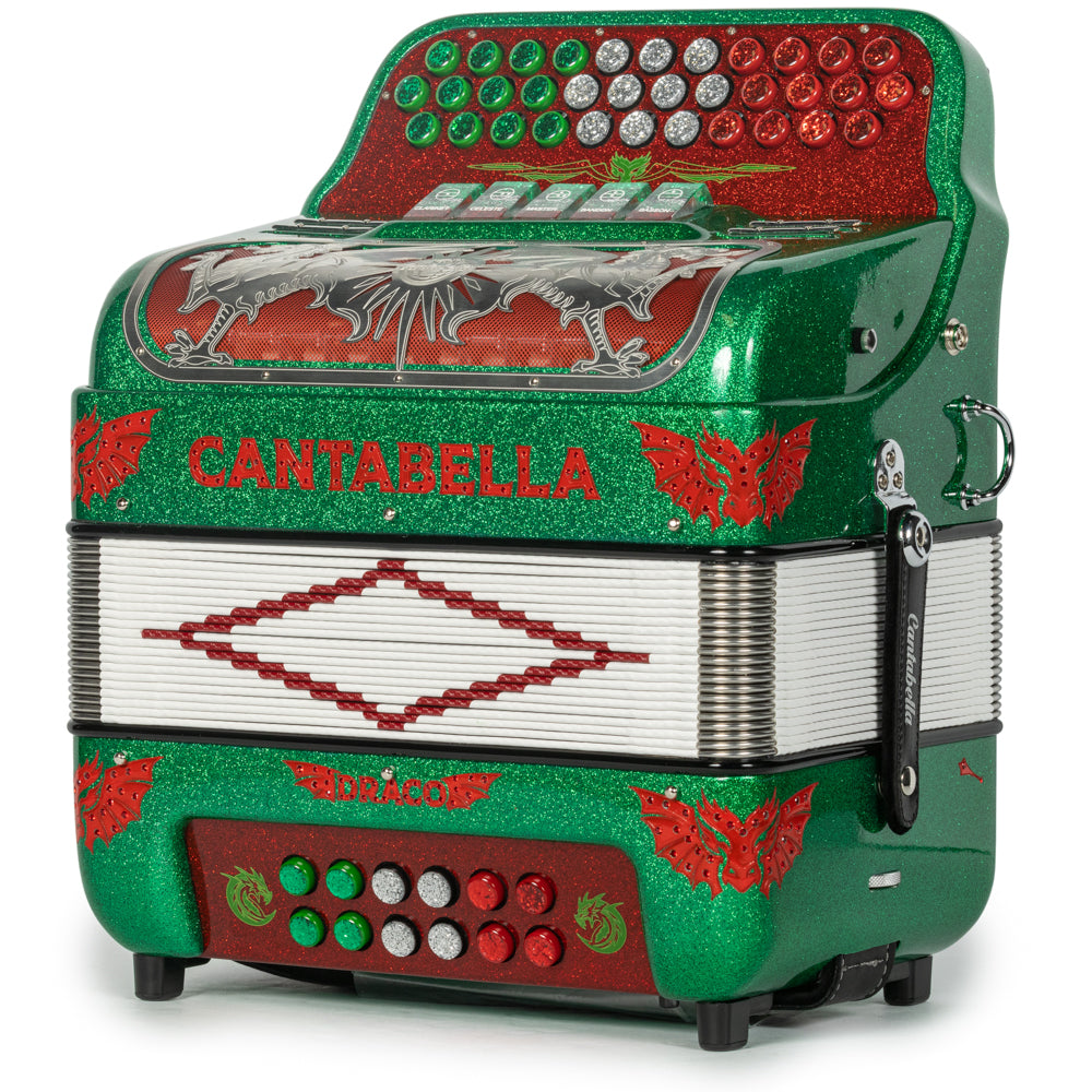 Cantabella Draco Accordion 5 Switch EAD Green Glitter with Red-Cantabella-Hermes Music-Accordion Pro Shop