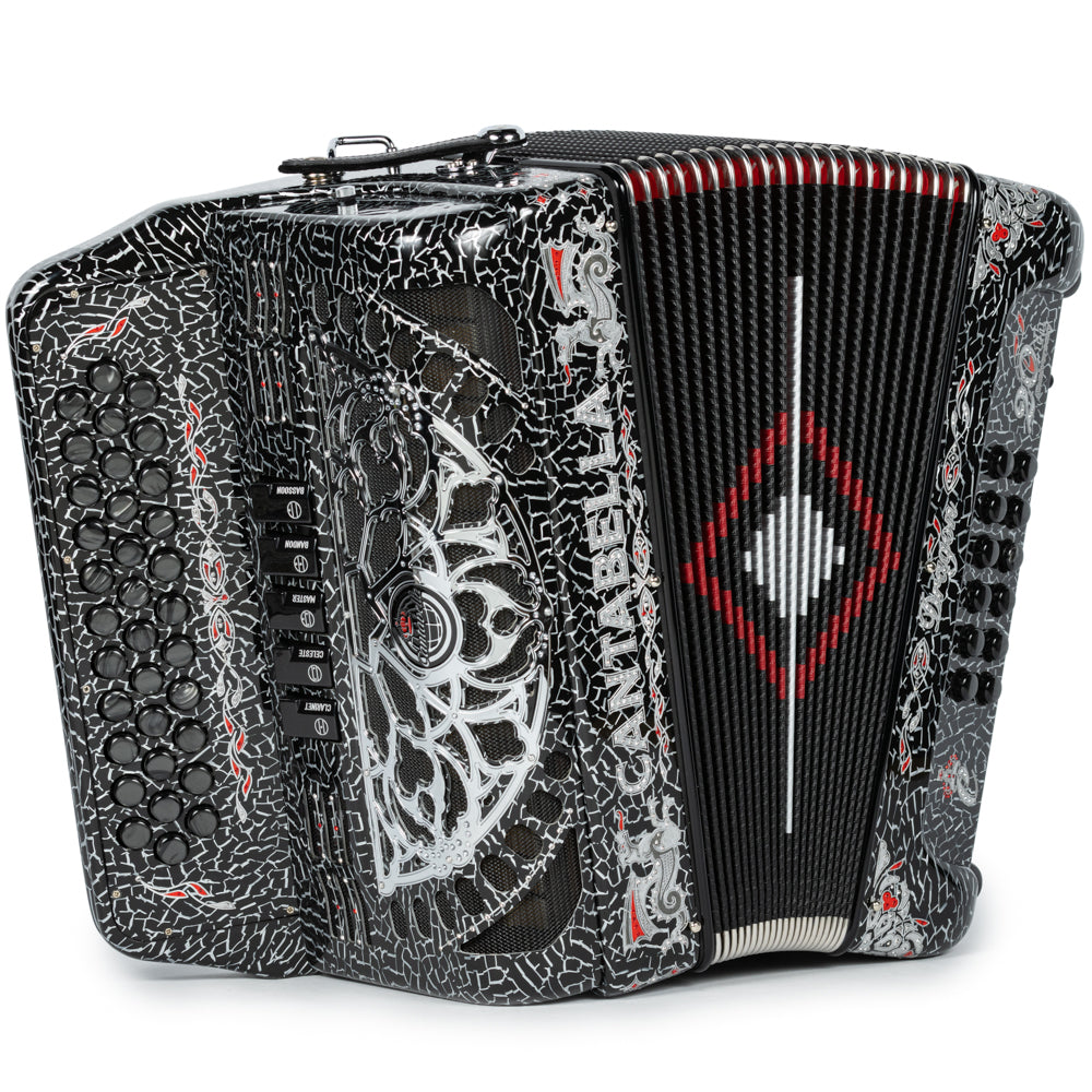 Cantabella Dragón Acordeón 5 Registros Sol Celuloide Negro Agrietado y Plata