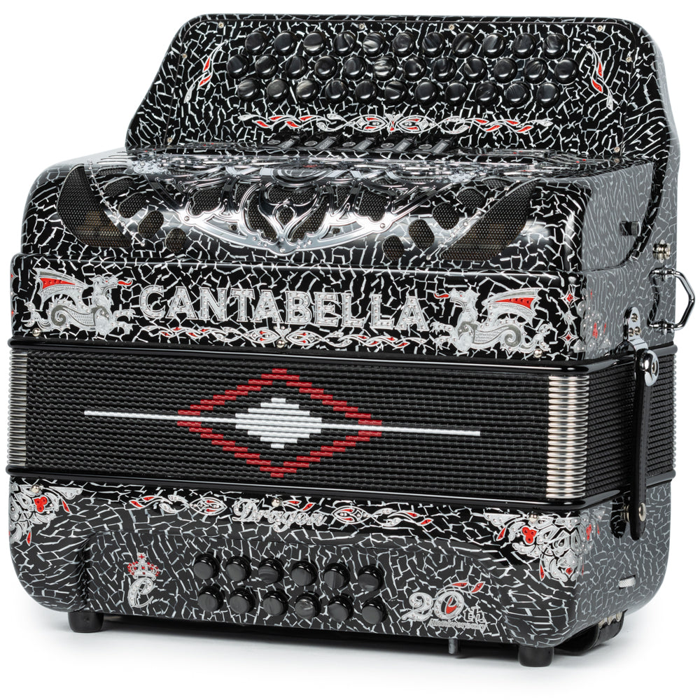 Cantabella Dragón Acordeón 5 Registros Mi Celuloide Negro Agrietado y Plata