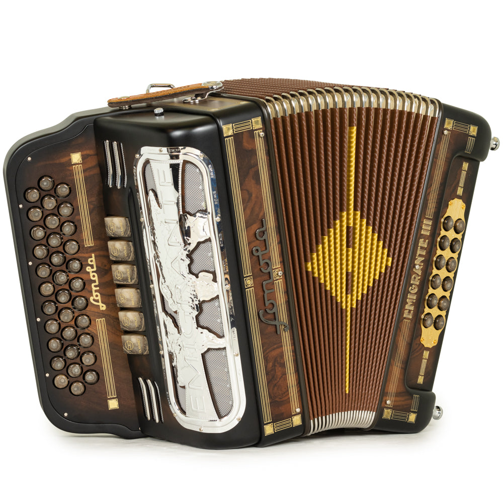 Sonola Emigrante III Acordeón 6 Registros Fa-Sol Madera Oscura Mate con Oro y Plata