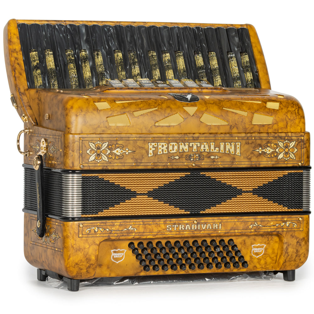 Frontalini Stradivari Piano Accordion 7 Switch Matte Mustard Yellow and Black Hermes Music Accordion Pro Shop