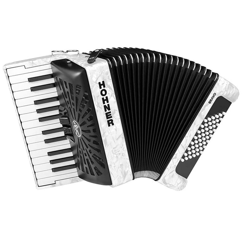 Hohner Bravo II Acordeón 48 Bajos De Piano Blanco