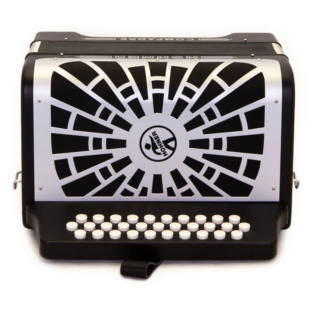 Hohner Compadre Accordion FBE Black with Gray Grill and Cantabella Straps Bundle-accordion-Hermes Music- Hermes Music