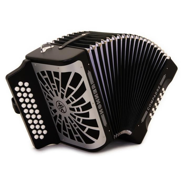 Hohner Compadre Accordion GCF Black with Gray Grill and Cantabella Straps Bundle-accordion-Hermes Music- Hermes Music