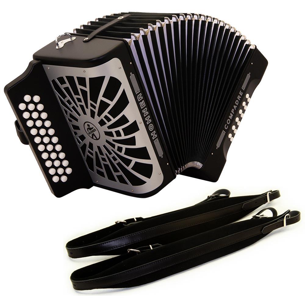 Hohner Compadre Accordion GCF Black with Gray Grill and Cantabella Straps Bundle-accordion-Hermes Music- Hermes Music