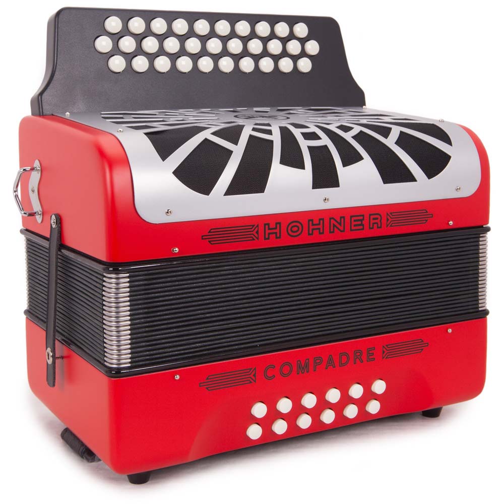 Hohner Compadre FBE Red with Gray Grill and Cantabella Straps Bundle-accordion-Hermes Music- Hermes Music