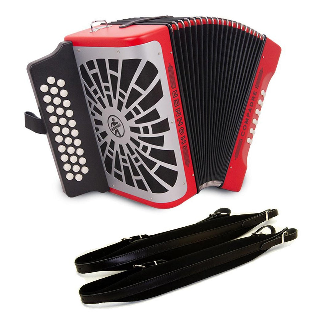 Hohner Compadre FBE Red with Gray Grill and Cantabella Straps Bundle-accordion-Hermes Music- Hermes Music