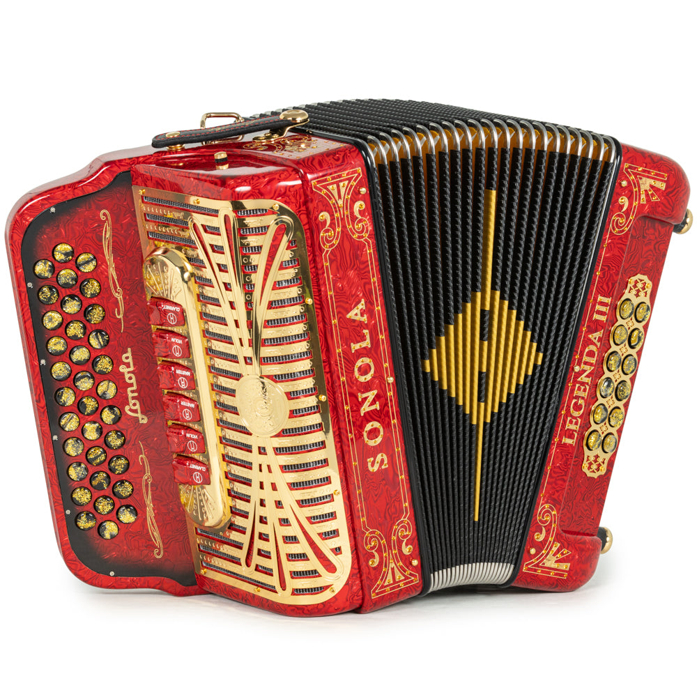 Sonola Legenda III Acordeón 6 Registros Fa-Mi Ondas Rojas y Dorado