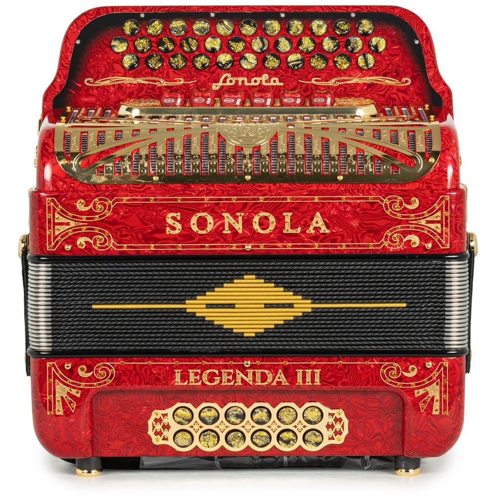 Sonola Legenda III Acordeón 6 Registros Fa-Mi Ondas Rojas y Dorado