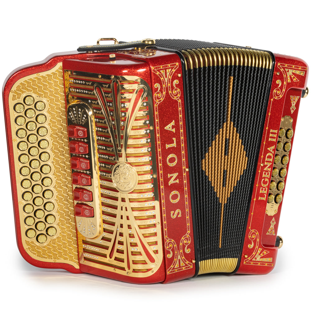 Sonola Legenda III Acordeón 6 Registros Fa-Mi Brillo Rojo y Oro