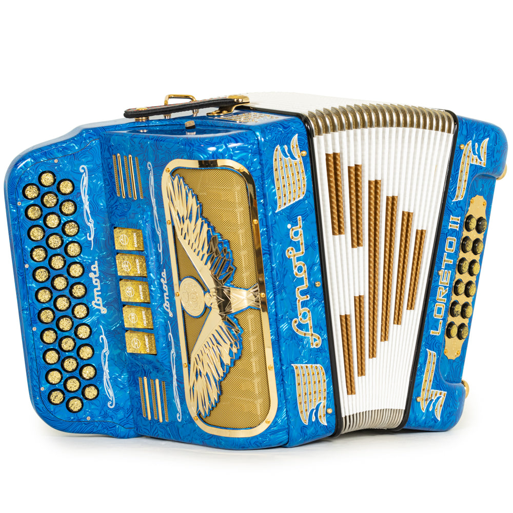 Sonola Loreto II Acordeón 5 Registros Sol Ondas Azules de Celuloide y Oro