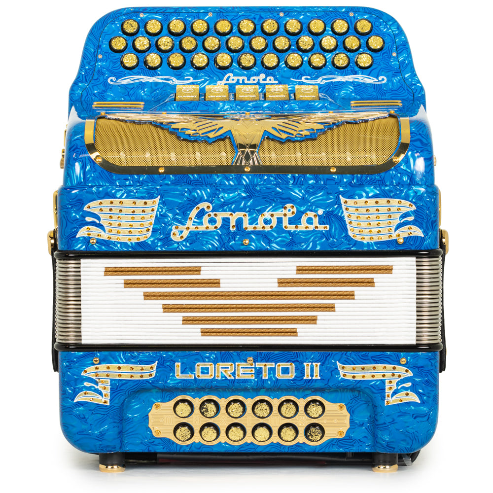 Sonola Loreto II Acordeón 5 Registros Sol Ondas Azules de Celuloide y Oro