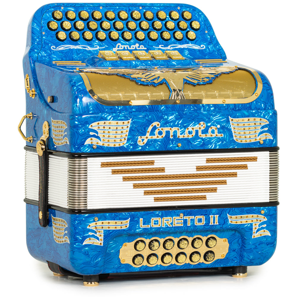 Sonola Loreto II Acordeón 5 Registros Sol Ondas Azules de Celuloide y Oro