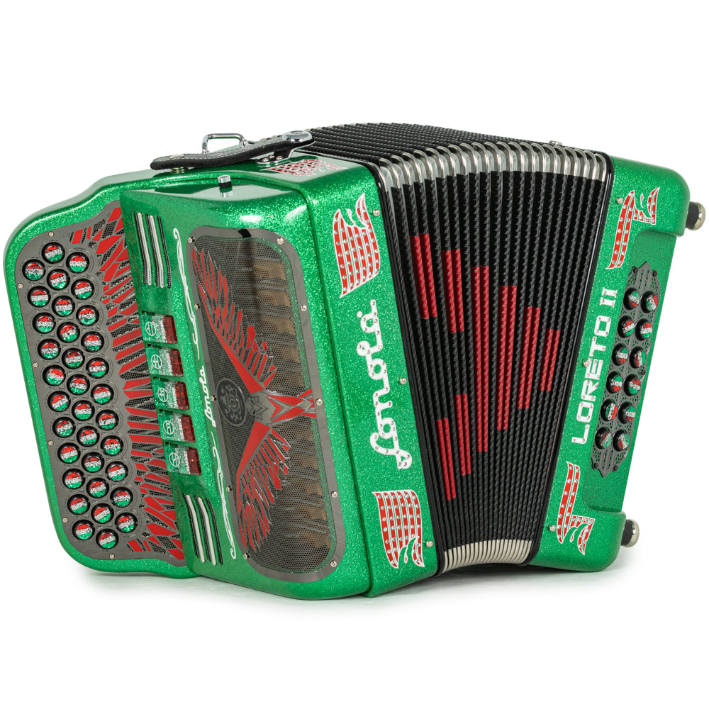 Sonola Loreto II Acordeón 5 Registros Fa Brillo Verde con Rojo Verde y Blanco
