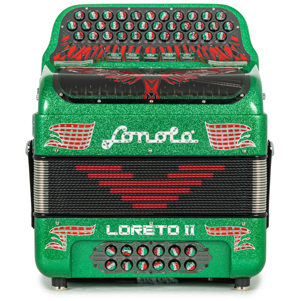 Sonola Loreto II Acordeón 5 Registros Fa Brillo Verde con Rojo Verde y Blanco