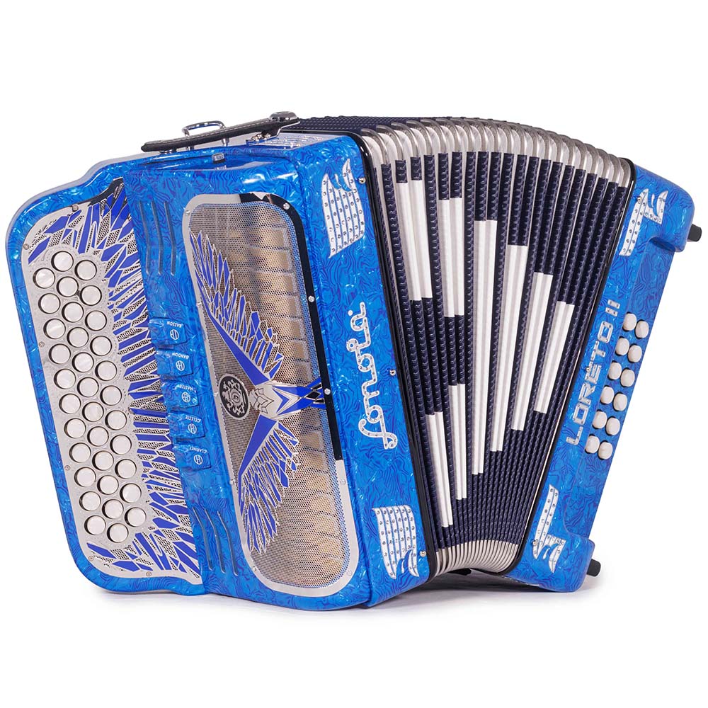Sonola Loreto II Acordeón 5 Registros FBE Celuloide con Ondas Azul y Accesorios Plateados