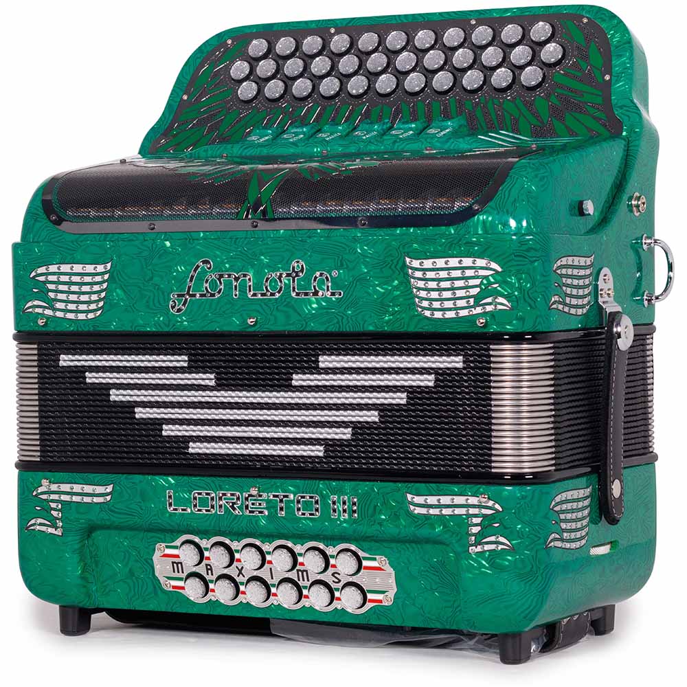Sonola Loreto III Acordeón 6 Registros FA-SOL Ondas Verdes de Celuloide con Plata