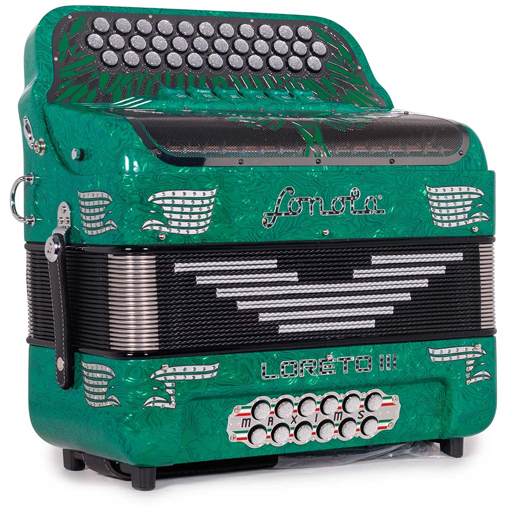 Sonola Loreto III Acordeón 6 Registros FA-MI Ondas Verdes de Celuloide con Plata