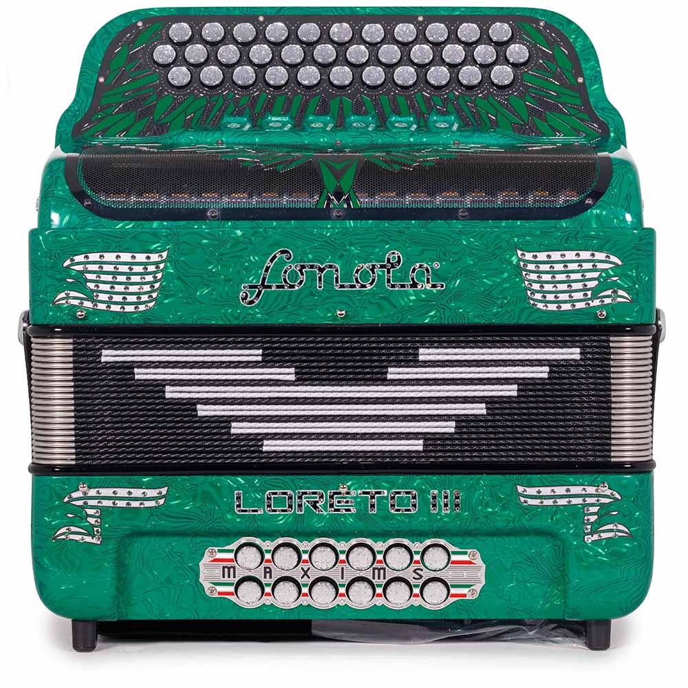 Sonola Loreto III Acordeón 6 Registros FA-SOL Ondas Verdes de Celuloide con Plata